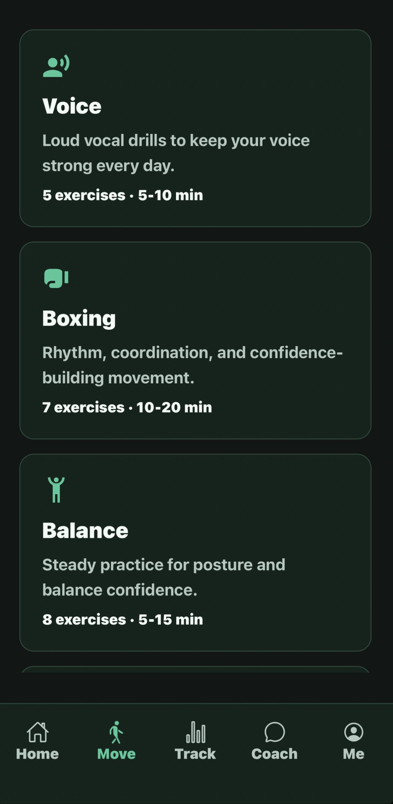 Movement for Parkinson's app exercise categories