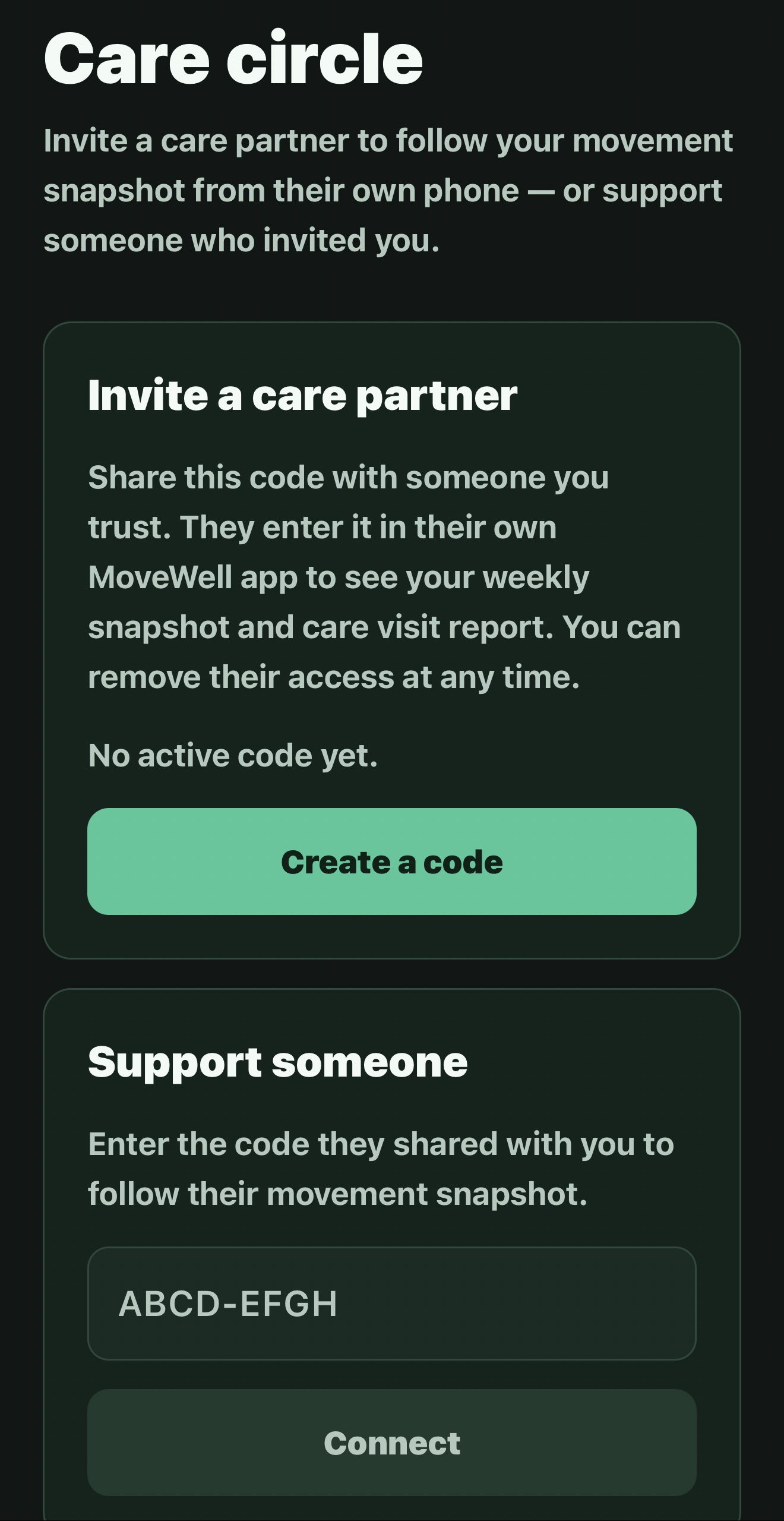 Movement for Parkinson's app care circle