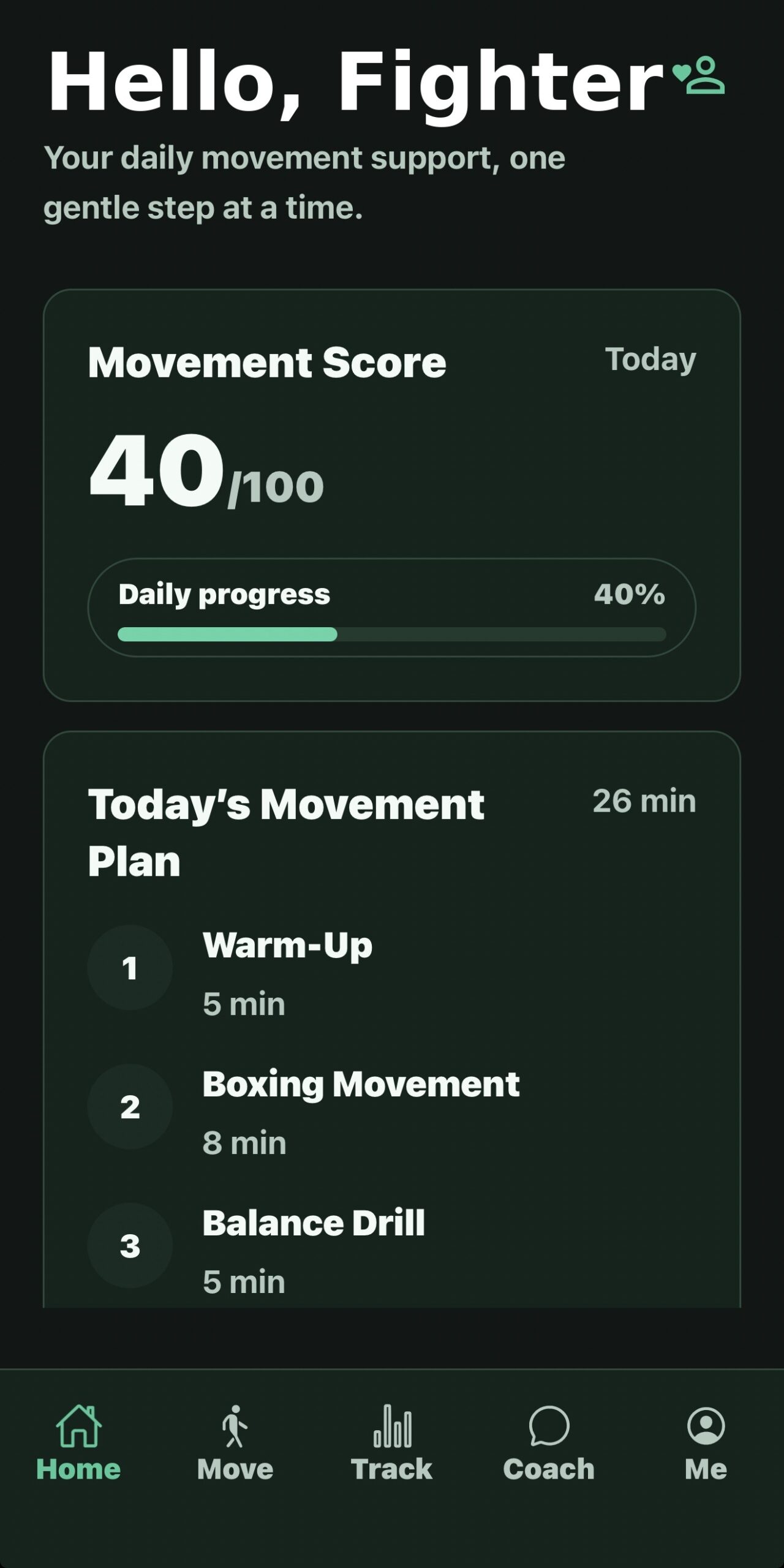 Movement for Parkinson's app home screen with movement score
